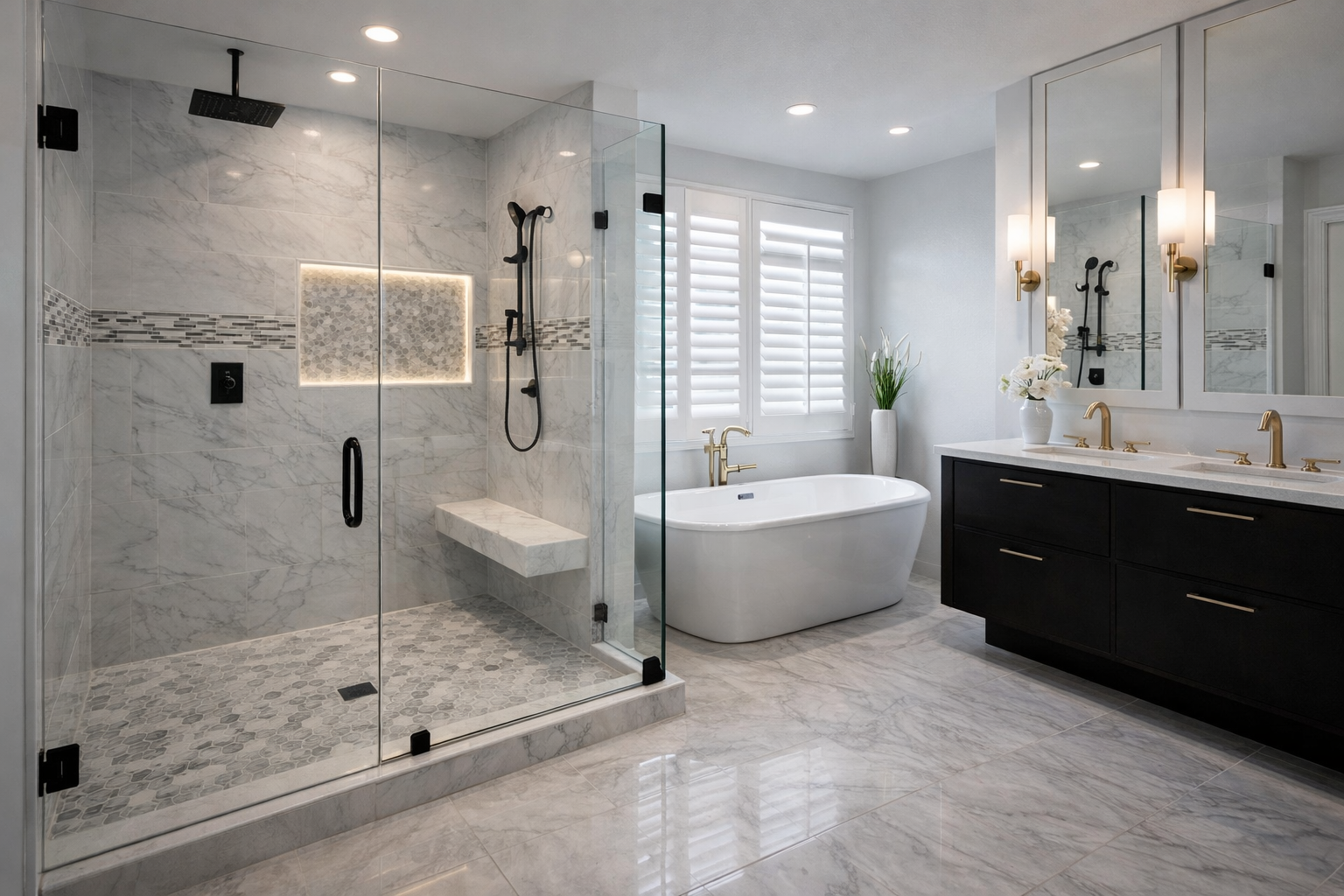 Modern master bathroom remodel with walk in shower and freestanding bathtub in Austin TX