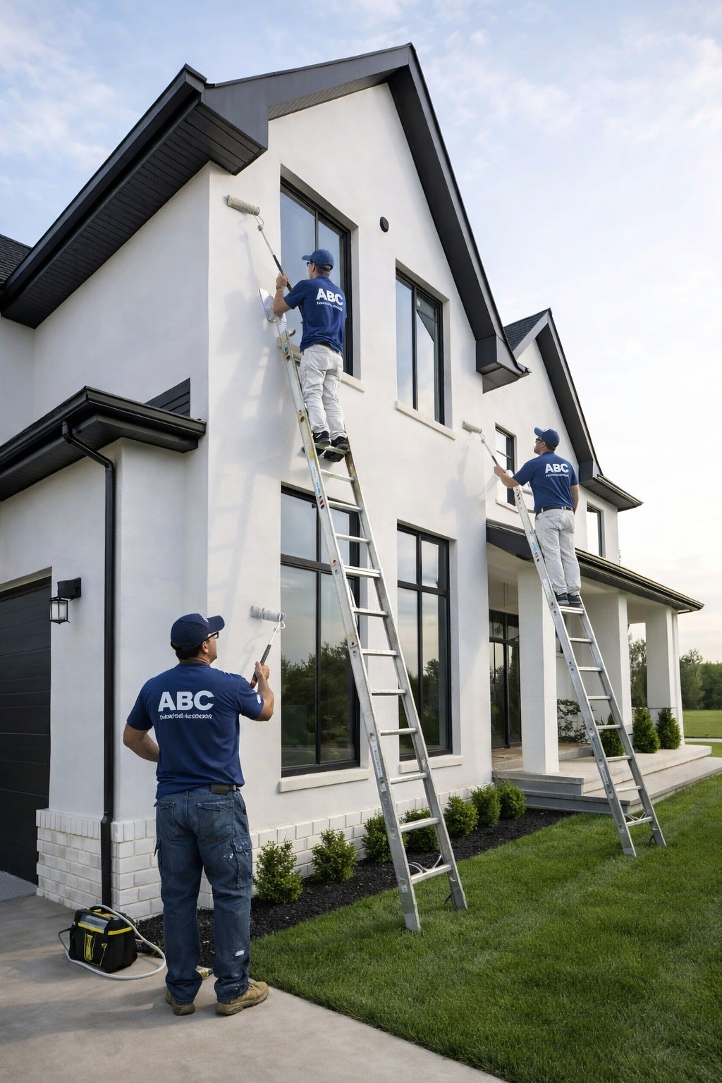 Exterior house painting in Austin TX with professional painters painting a white residential home by ABC Austin Home Renovations