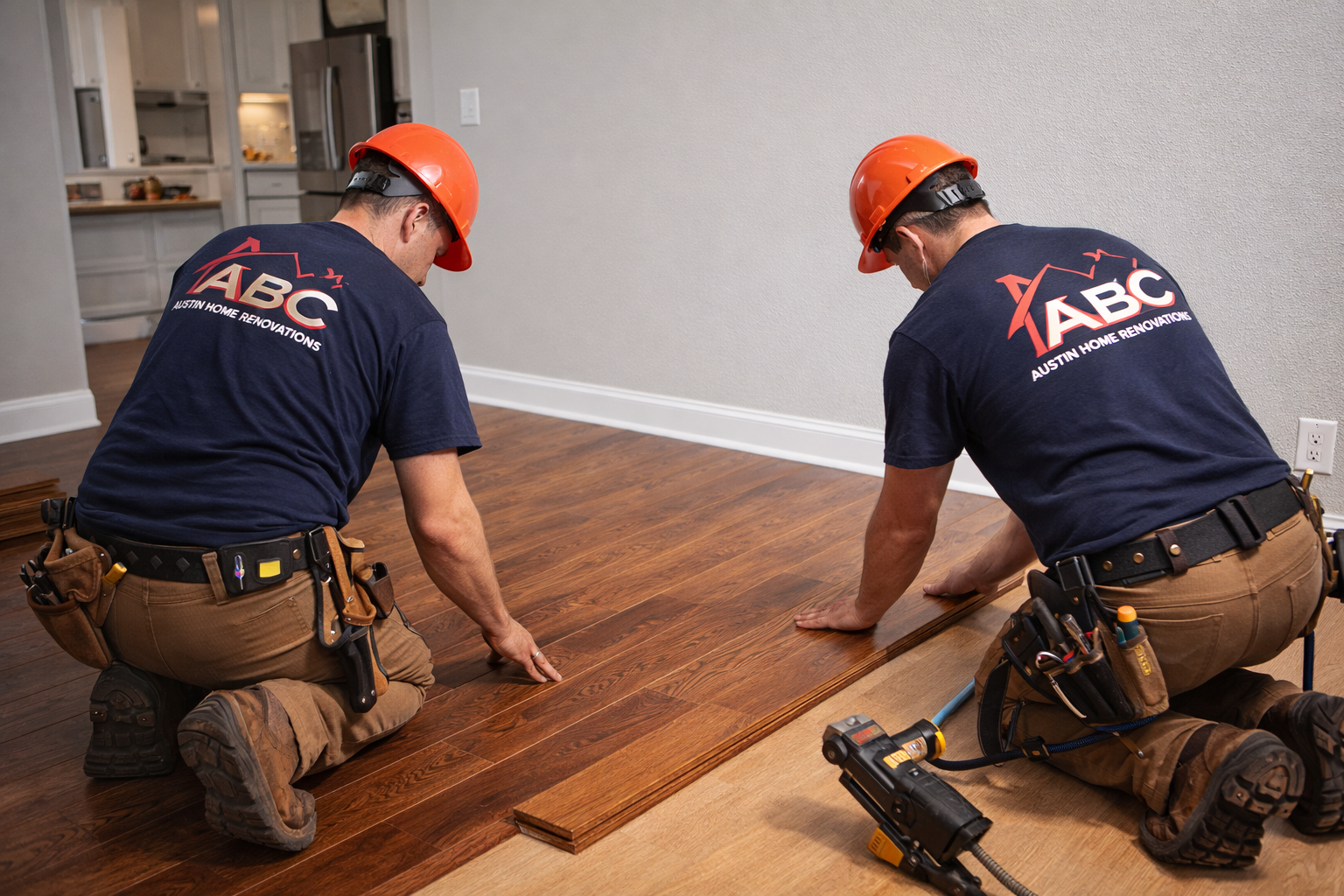 Hardwood floor installation in Austin TX by ABC Austin Home Renovations contractors installing wood flooring in a residential home