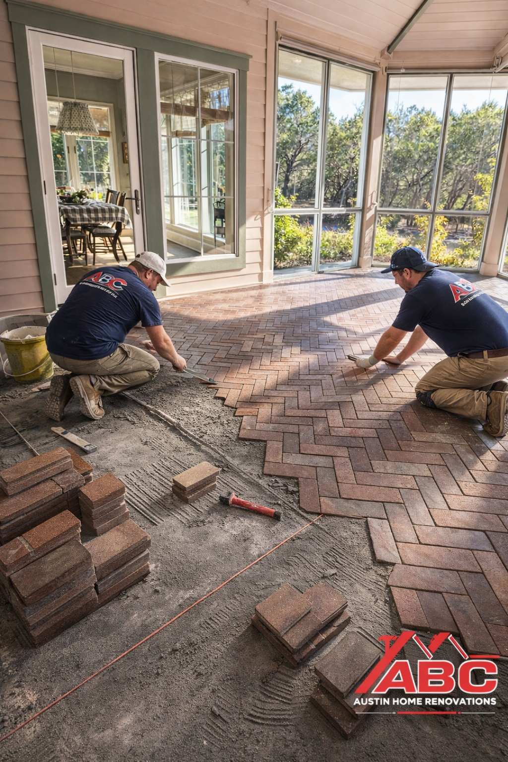 Tile installation contractors installing herringbone brick flooring in Austin TX