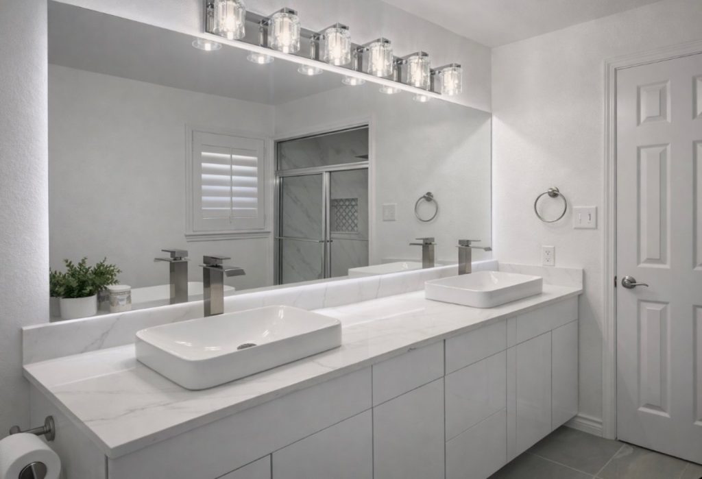 Bathroom remodeling and tile installation Austin TX double vanity renovation