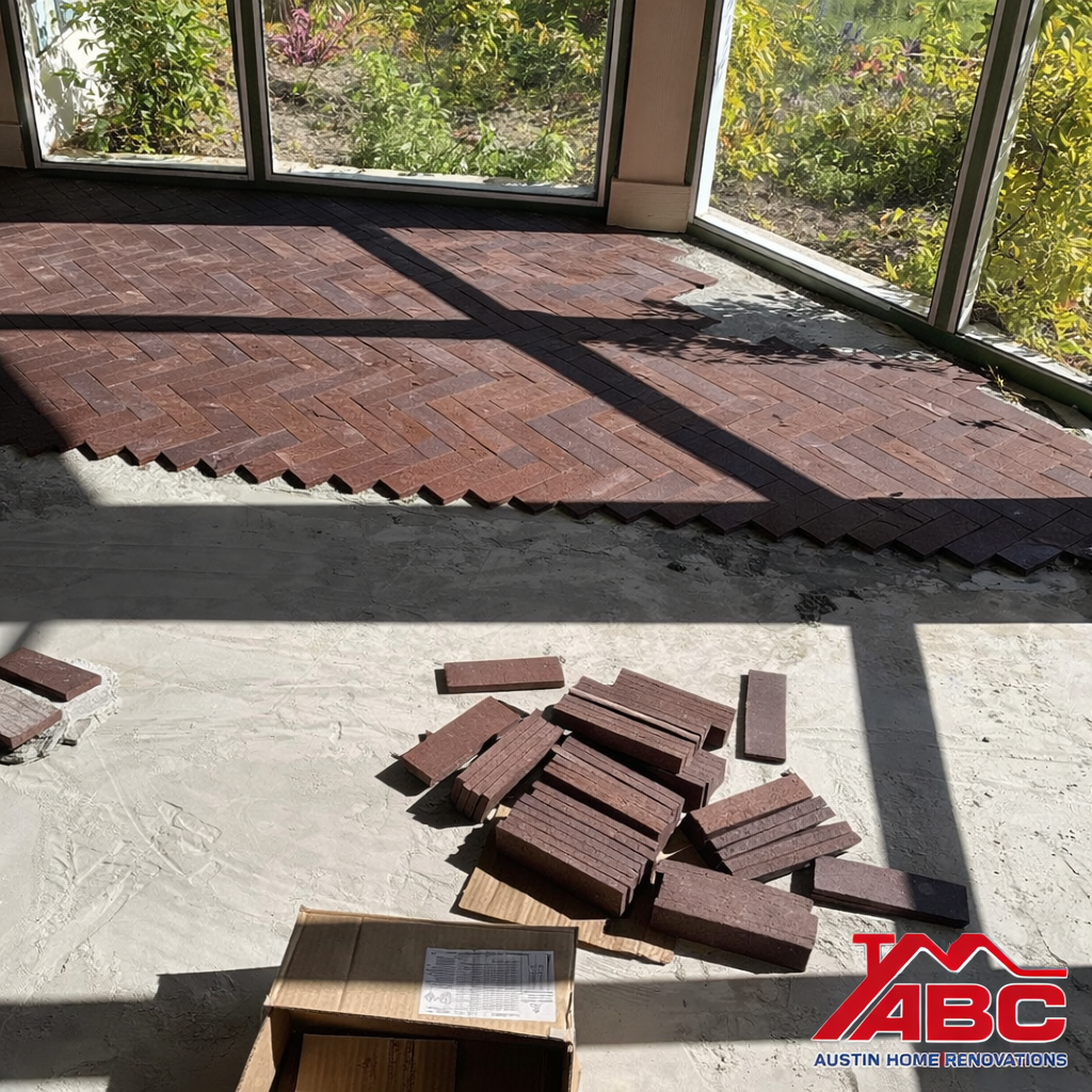 Tile materials and herringbone tile pieces prepared for professional floor installation in Austin TX 