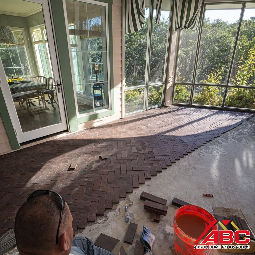 Hrringbone tile installation in progress on residential floor in Austin TX by ABC Austin Home Renovations