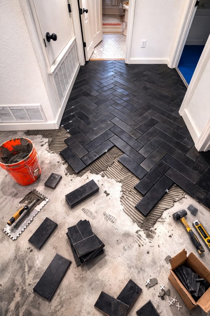 professional tile installation process with black herringbone tiles and tools in Austin Texas home renovations 