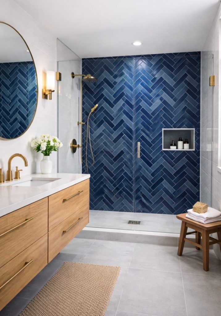 Modern bathroom remodel in Austin TX with blue tile walk-in shower and custom vanity installation