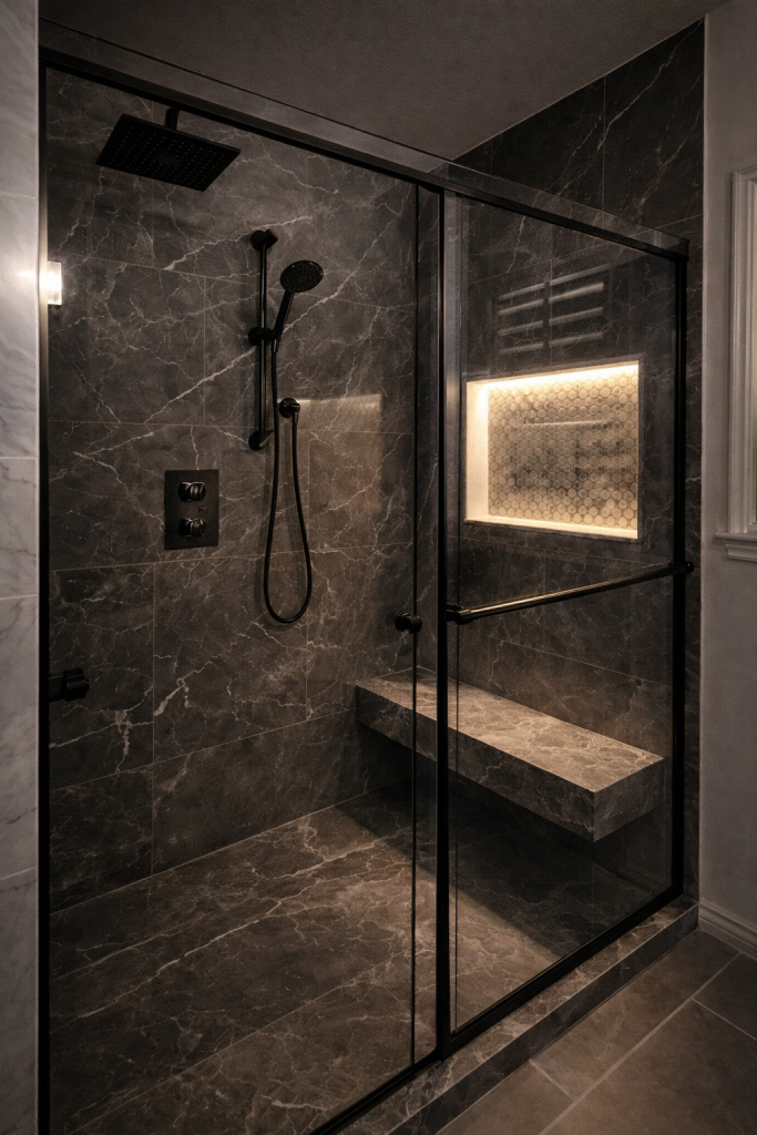 Luxury walk-in shower bathroom remodel with dark marble tile and frameless glass enclosure in Austin TX