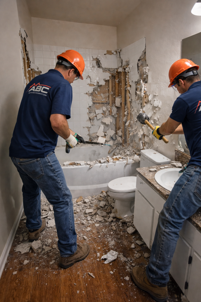 Bathroom demolition during a remodeling project in Austin TX by ABC Austin Home Renovations
