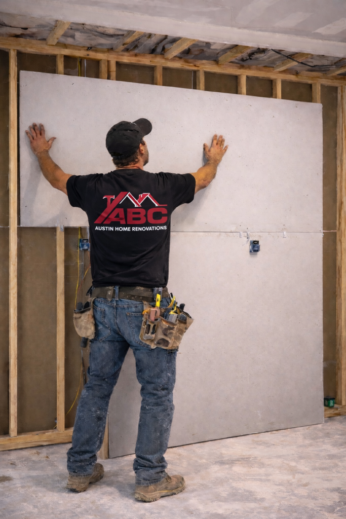 Contractor installing drywall ceiling panel in Austin Texas