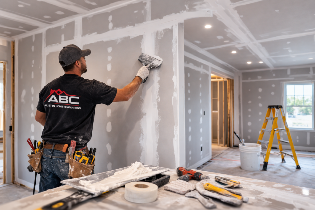 Drywall installation and finishing by ABC Austin Home Renovations contractor applying joint compound during interior remodeling in Austin Texas