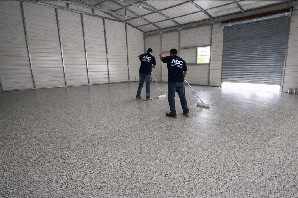 Epoxy garage floor installation in Austin TX with decorative flake coating