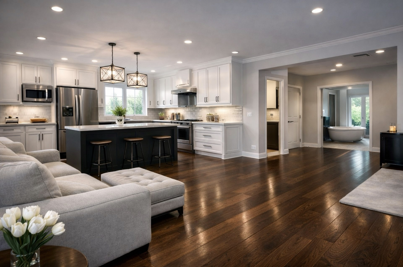 Luxury home remodeling project with modern kitchen renovation and hardwood flooring installation in Austin TX