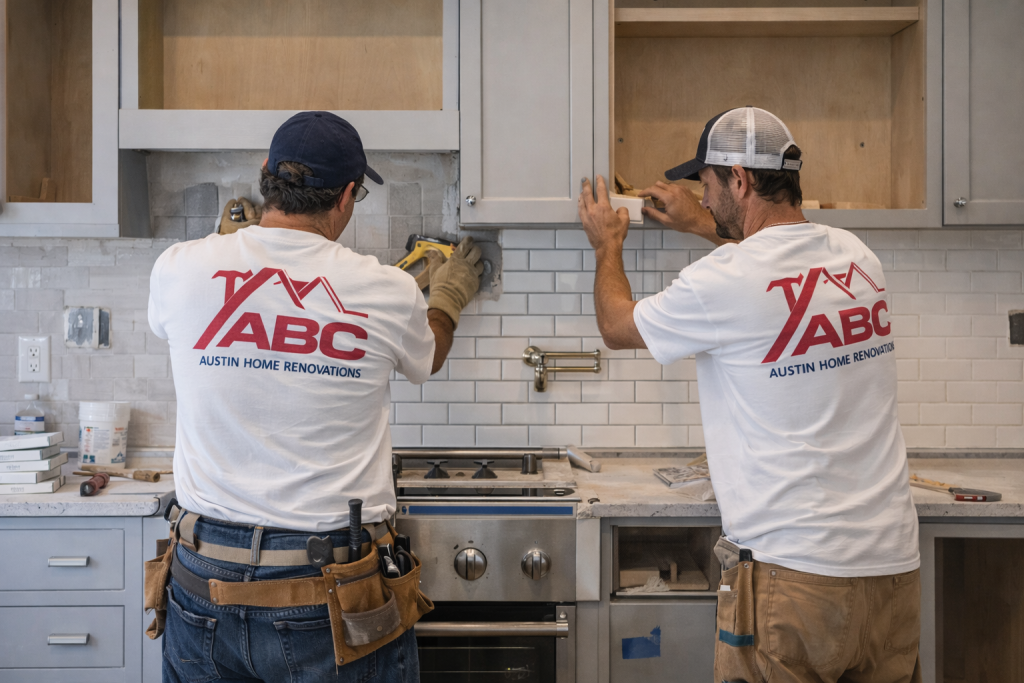 Kitchen cabinet installation in Austin TX by ABC Austin Home Renovations during a kitchen remodeling project