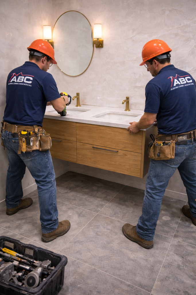 Bathroom vanity and sink installation during a bathroom remodeling project in Austin TX by ABC Austin Home Renovations