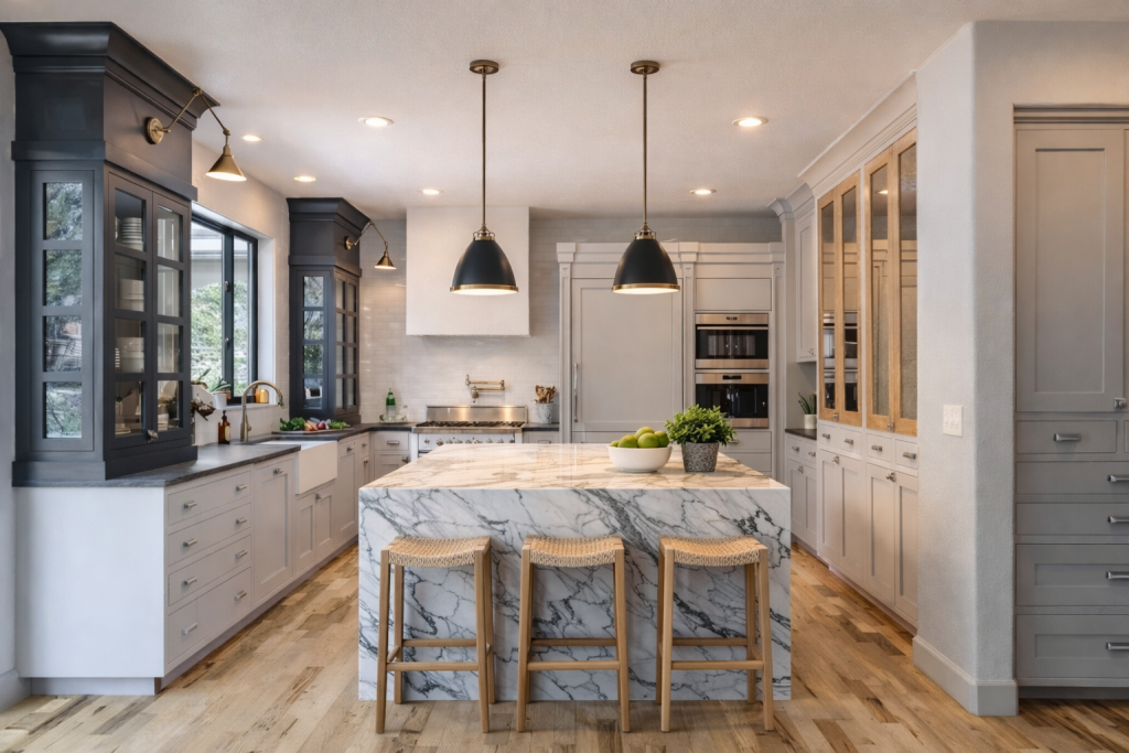 Modern kitchen remodeling with white quartz countertops and custom cabinets installed by ABC Austin Home Renovations in Austin Texas