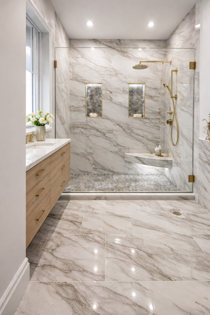 Luxury walk-in shower bathroom remodel with marble tile installation in Austin TX by ABC Austin Home Renovations