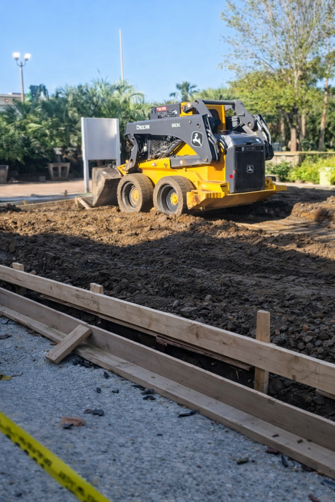 Concrete site preparation and grading for slab installation in Austin Texas