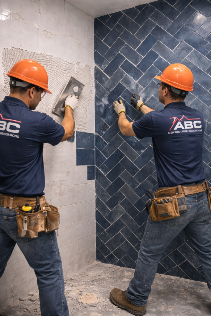 Bathroom wall tile installation during a remodeling project in Austin TX by ABC Austin Home Renovations