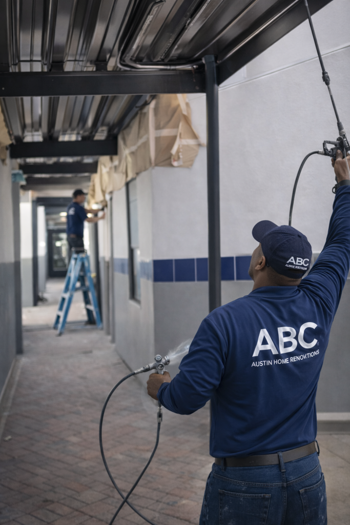 Commercial metal ceiling painting in Austin TX using spray equipment by ABC Austin Home Renovations