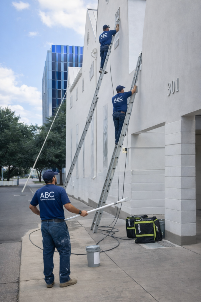 Commercial exterior painting in Austin TX with professional painters working on a building facade by ABC Austin Home Renovations