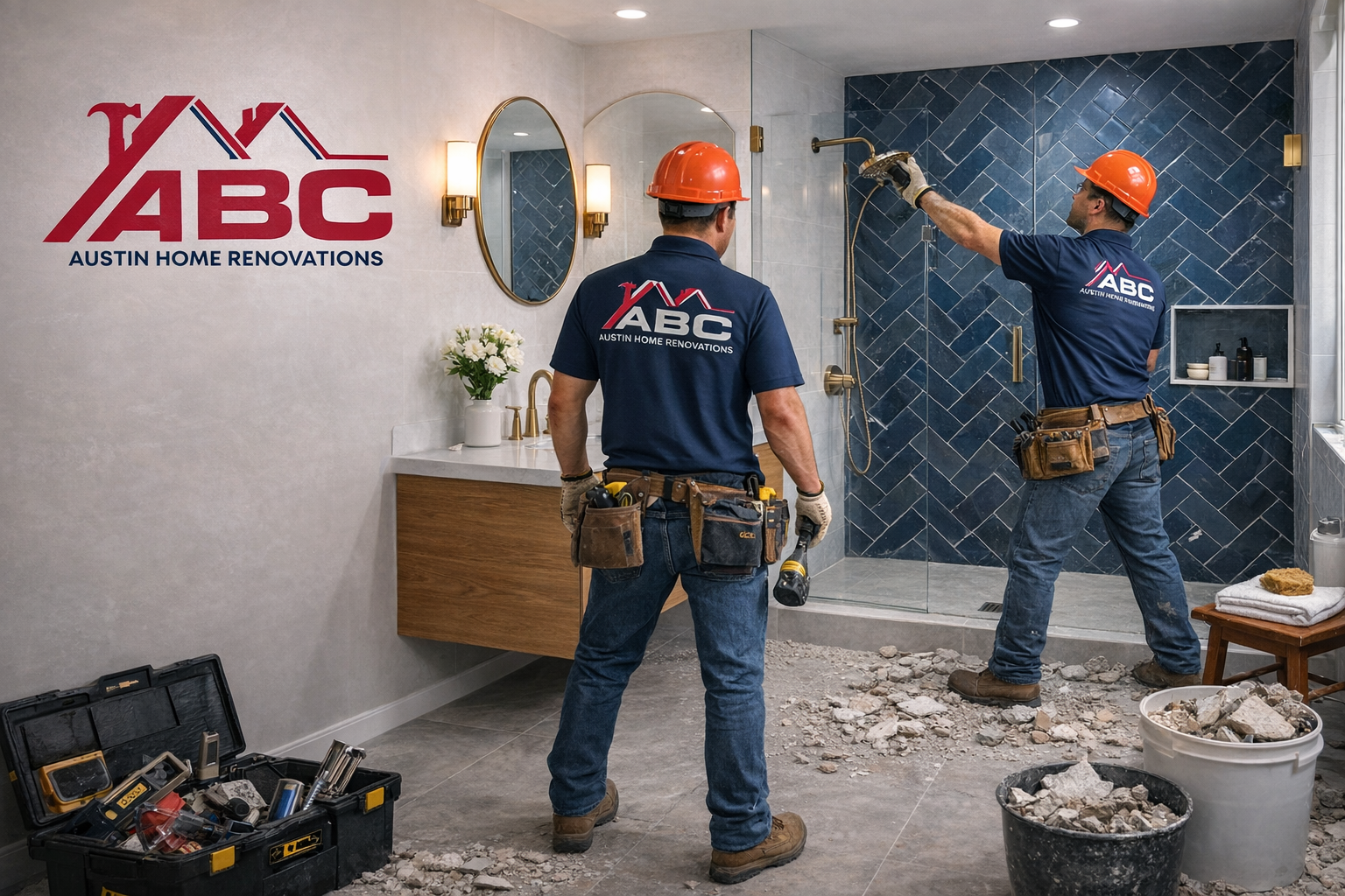 Modern bathroom remodeling in Austin TX with blue tile walk in shower and glass enclosure