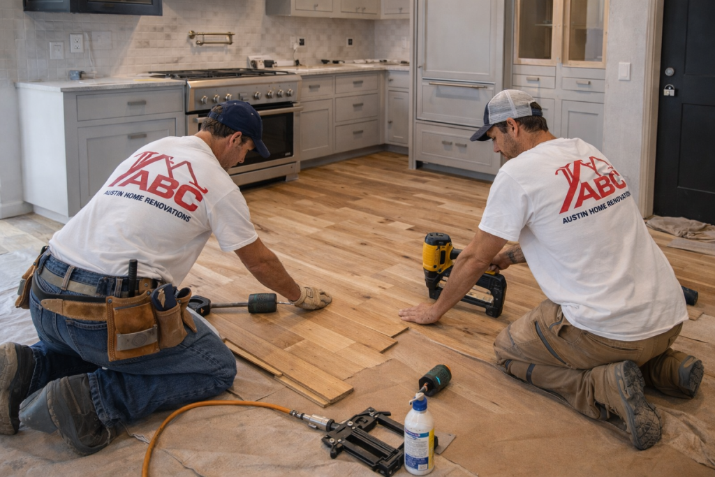Kitchen flooring installation in Austin TX during a kitchen remodeling project by ABC Austin Home Renovations