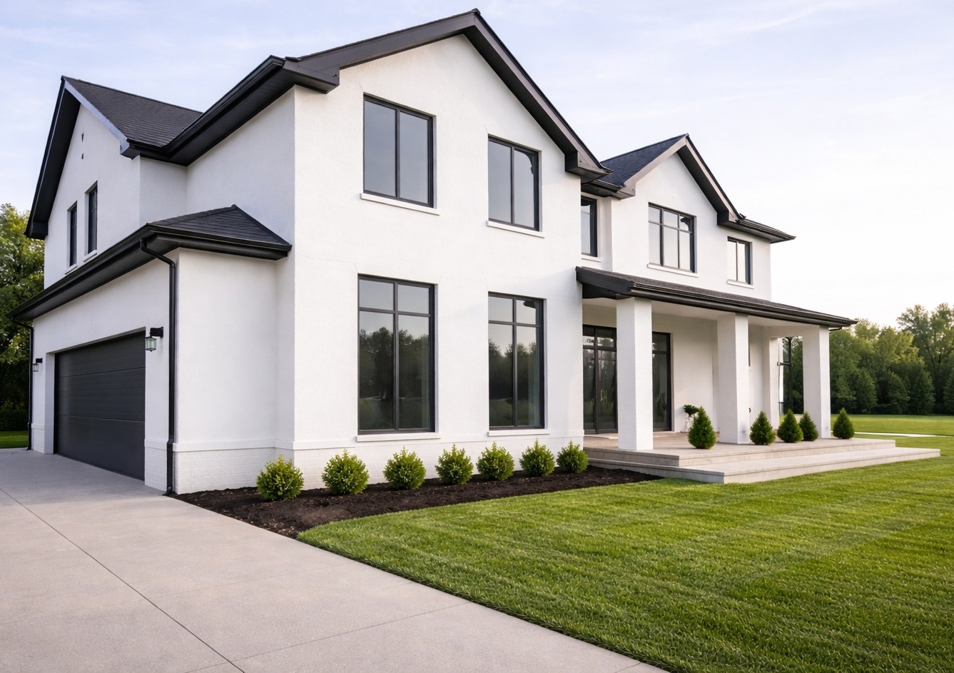 exterior house painting in Austin TX modern home white stucco black trim
