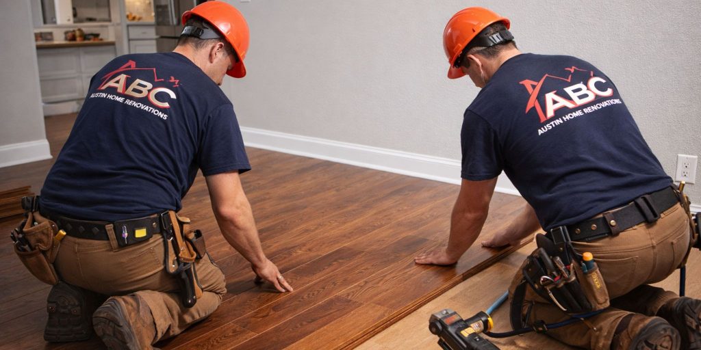 Two workers installing hardwood flooring